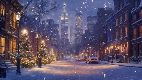 Snowy city street glows with festive Christmas lights at dusk.