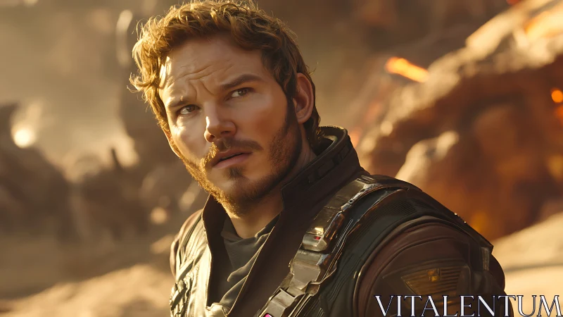 Armored space adventurer scans a burning alien horizon