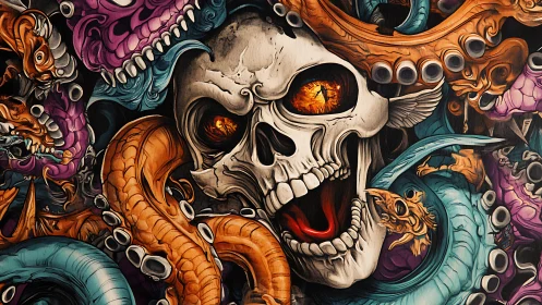 Vibrant skull and tentacles erupt in chaotic fantasy horror