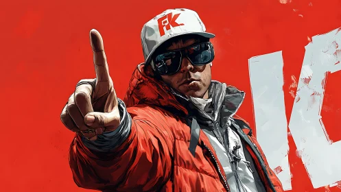 Streetwear icon points forward against bold red field.