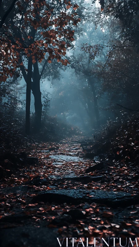 Misty Forest Path with Autumn Glow.