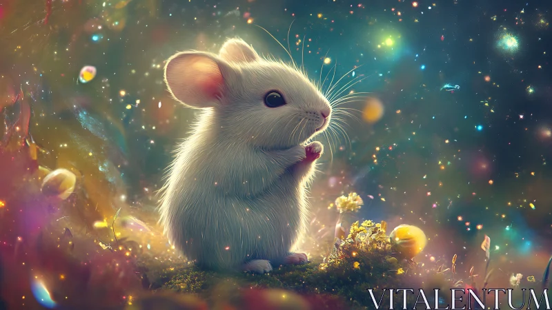 Starlit white mouse in luminous cosmic meadowscape.