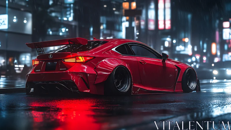 Modified red Lexus coupe on wet neon city street at night