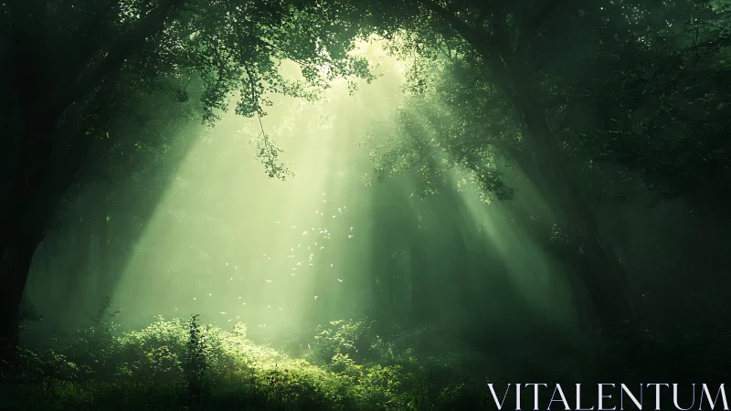 Sunlight filters through ancient forest canopy creating ethereal rays
