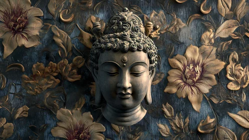 Bronze Buddha relief head integrated with ornate floral bas‑relief