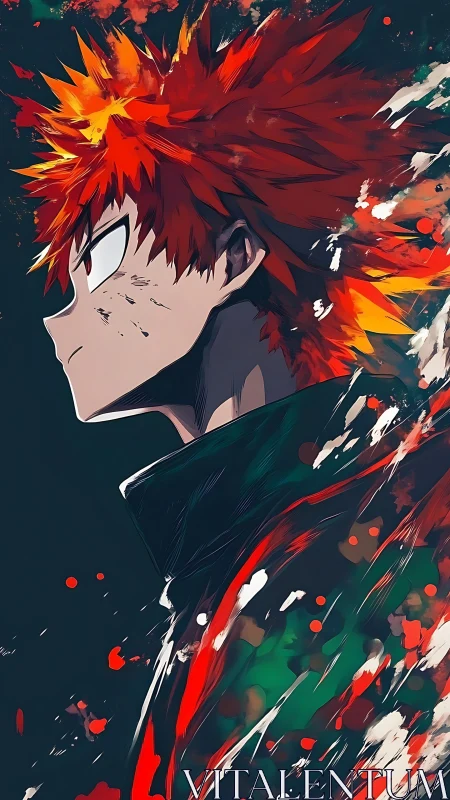 Profile view of spiky haired anime figure with paint effects.