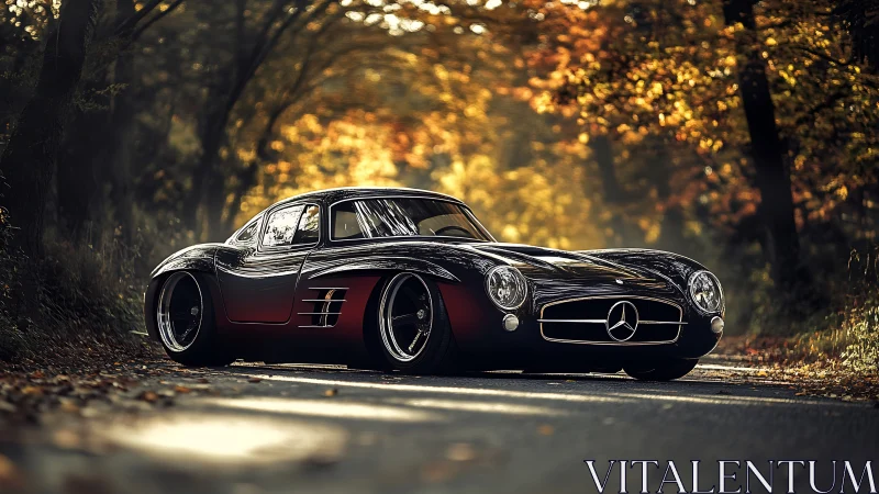 Low-slung black classic Mercedes amid glowing autumn woods.
