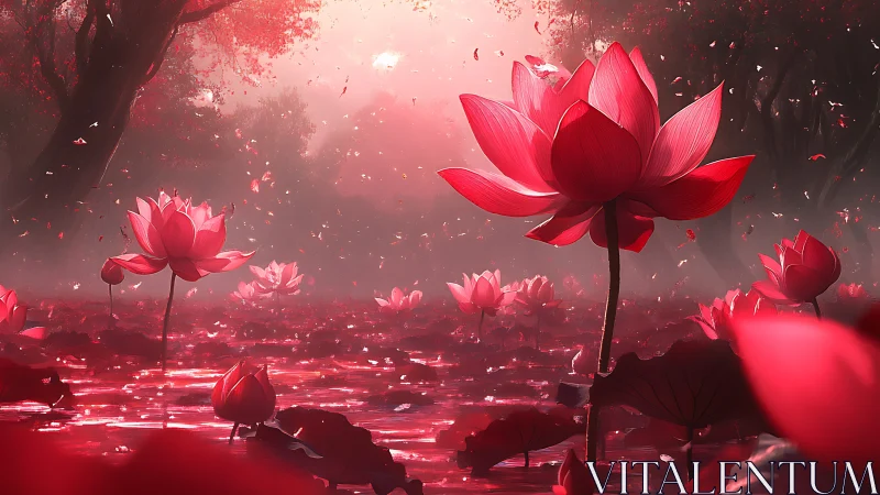 Red lotus pond in misty forest with floating petals at dusk.