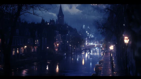 Digital painting of nocturnal rain-soaked canal cityscape.