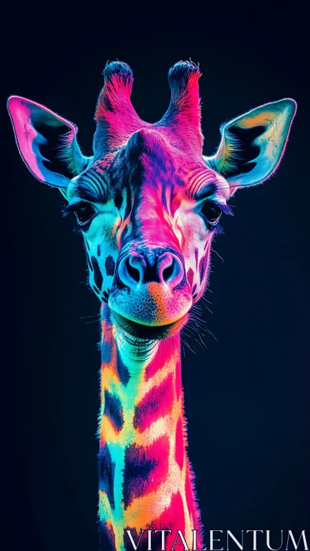 Neon-lit giraffe portrait glows in vivid, electric colors.