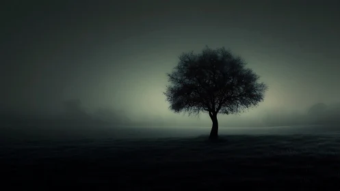 Solitary tree silhouette in low light over open field.