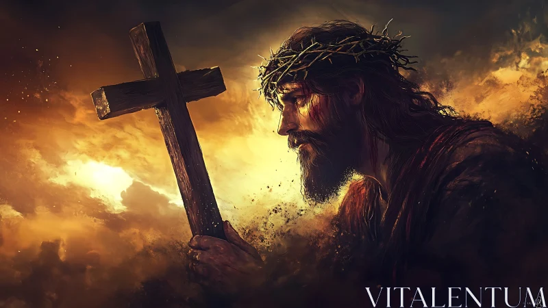 Crowned male figure carrying wooden cross in glowing sky.