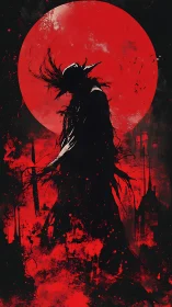 Silhouetted hunter stands before vast blood-red moon