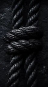 Macro study of tightly knotted black rope under directional lighting