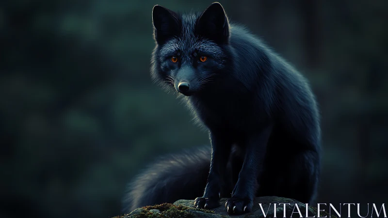 Midnight fox rests on mossy rock with bright ember eyes.