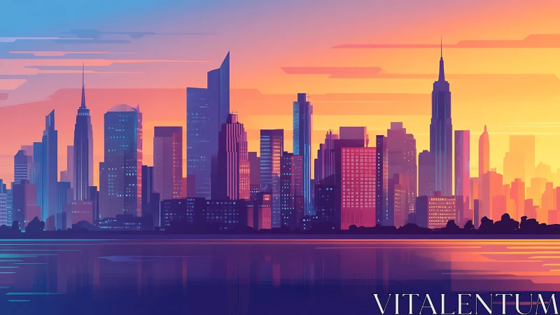 Stylized modern city skyline at sunset over reflective water.