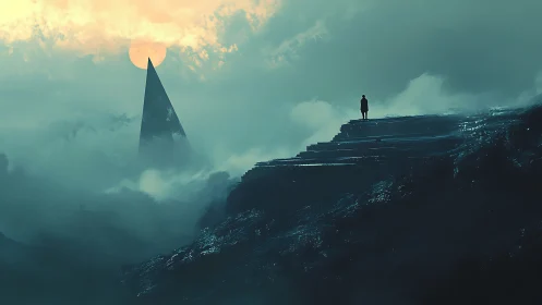 Lone figure confronts monolith in teal storm haze