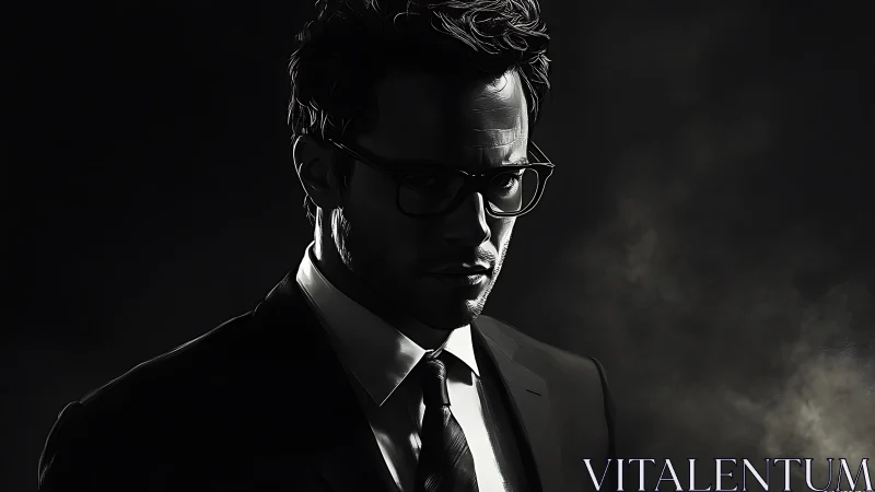 Brooding businessman in noir lighting and drifting smoke.