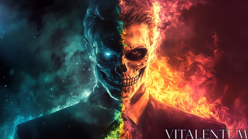 Dual inferno wraith portrait split by fire and frost energy.