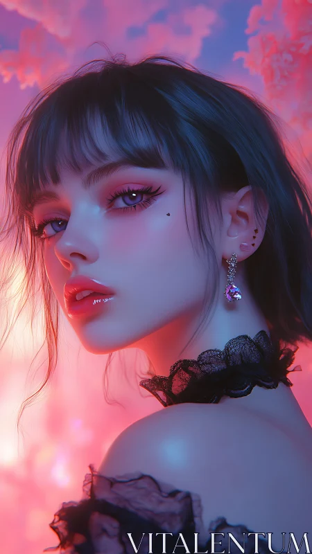 Digital portrait shows stylized woman in neon dusk lighting