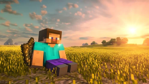 Voxel character resting in golden field under volumetric sunset