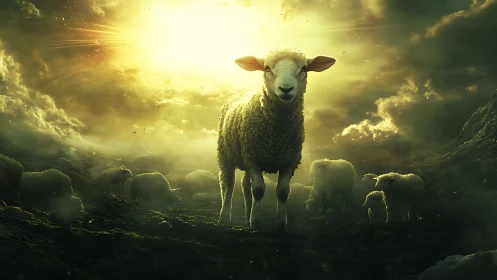 Radiant lamb standing gentle under a stormlit golden sky.