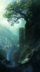 Ancient stone tower stands beneath a vast cliffside tree