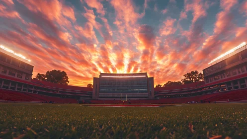 Glowing sunset sky embracing a quiet football stadium field.