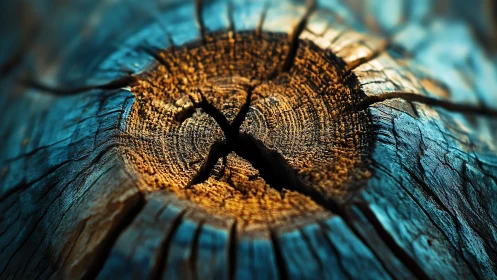 Close-up view shows weathered wooden log cross-section center