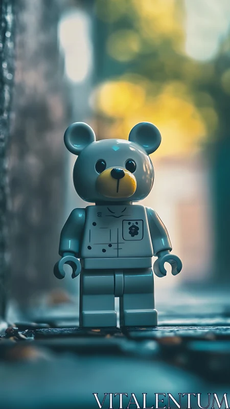 Toy bear astronaut minifigure stands in shallow depth bokeh