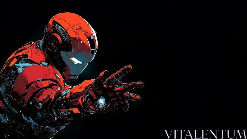 Armored red mech extends repulsor gauntlet toward viewer