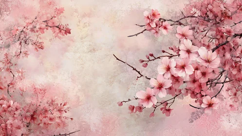 Pink flowering branches rendered with atmospheric blur and textured overlay.