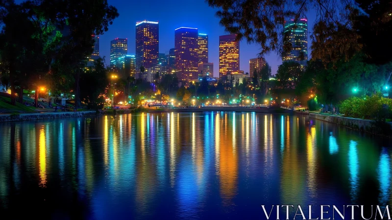 City skyline at night reflected on calm urban lake.