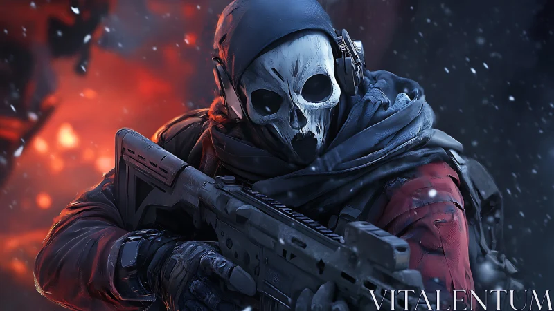 Skull masked soldier holding rifle in snowy combat zone.