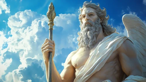 Marble-winged deity rendered in high-detail 3D against cumulus sky