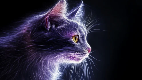 Neon glowing cat head with golden yellow eyes against black.