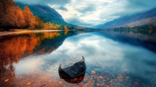 Still lake mirror with autumn forest and lone shoreline rock.