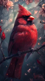 Crimson cardinal rests softly among dreamy forest blooms