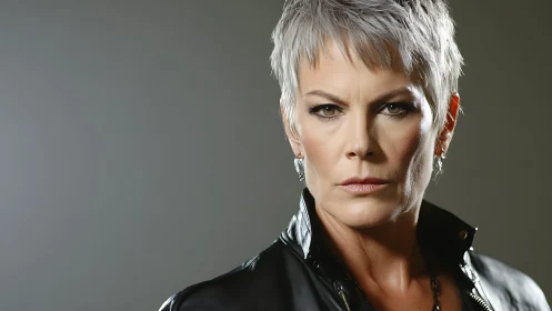 Studio portrait of stern woman with short silver hair, leather jacket