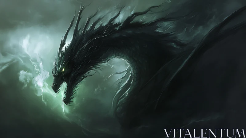Dark serpentine dragon profile in swirling green mist.