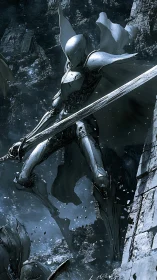 Armored humanoid knight leaps forward with raised sword