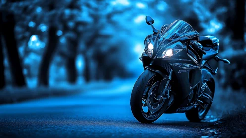 Night road welcomes a sleek sport motorcycle glowing softly