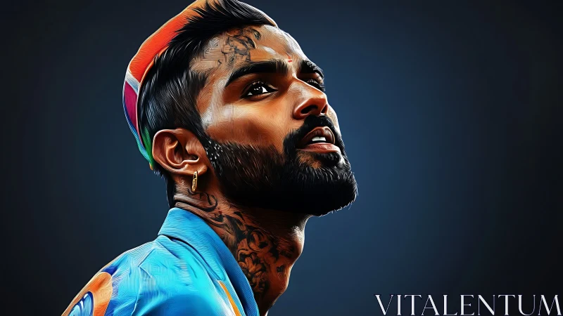 Hyperreal digital portrait of tattooed cricketer in profile gaze