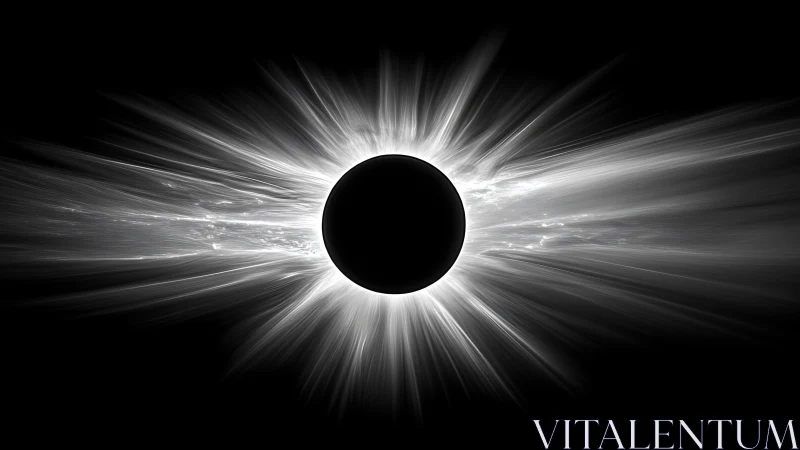Monochrome solar eclipse corona with radial light dynamics.