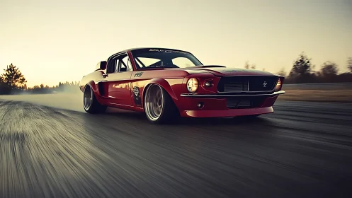 Sunset sprint with a classic red muscle car in motion.