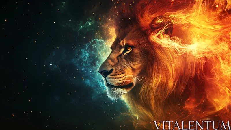 Bifurcated elemental lion portrait with combustive mane.