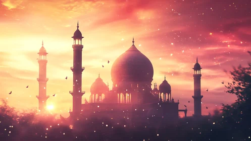Celestial dusk mosque bathed in ember-kissed starlight glow.