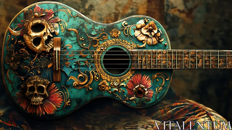 Ornate turquoise guitar where florals and skulls share a song.