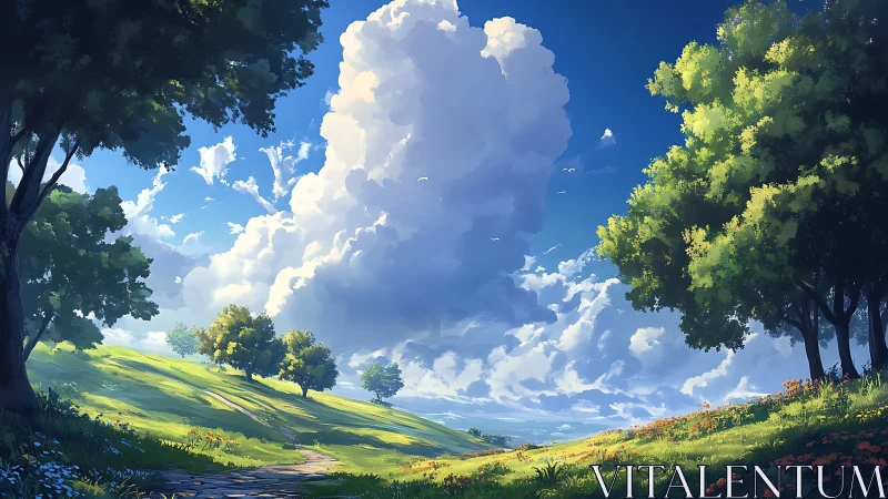 Sunlit hillside and towering summer clouds invite quiet wonder.