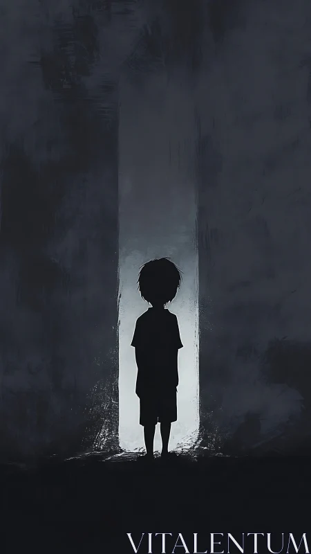 Silhouetted child stands before narrow doorway of light